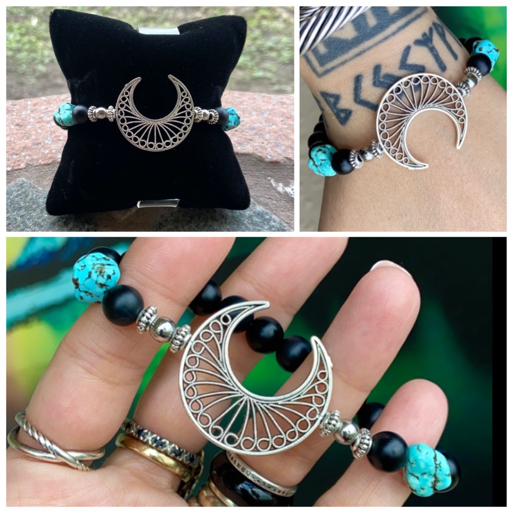 Silver Plated Crecent Moon Lunula Design Onyx Turquoise Gemstones Bracelet